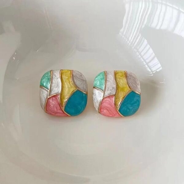 Square Mosaic Color Block Drip Enamel Stud Earrings