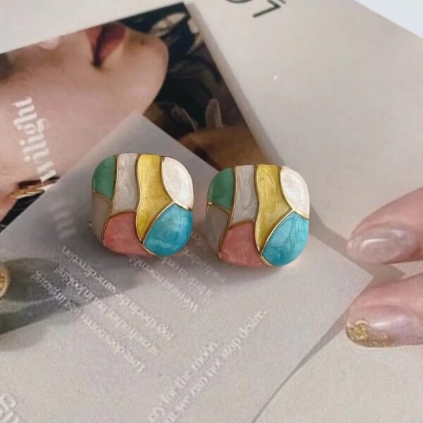 Square Mosaic Colorful Drip Enamel Stud Earrings