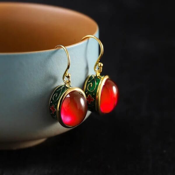 Women Red Round Corundum Drop Hook Dangle Earrings