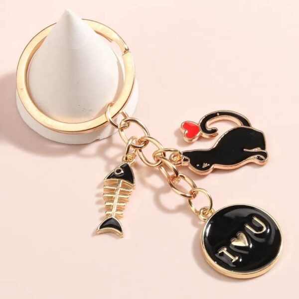 Black Cat Love Enamel Keychain with Cute Charms