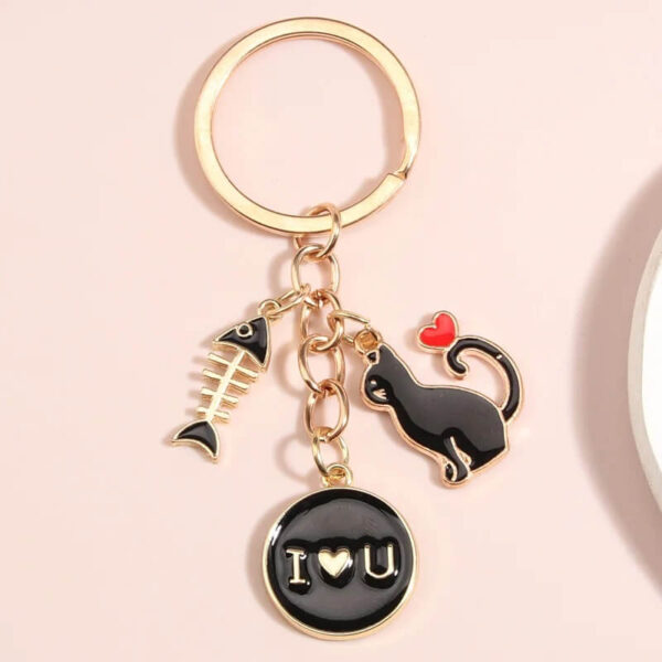 Cute Black Cat Love Enamel Keychain with Charms