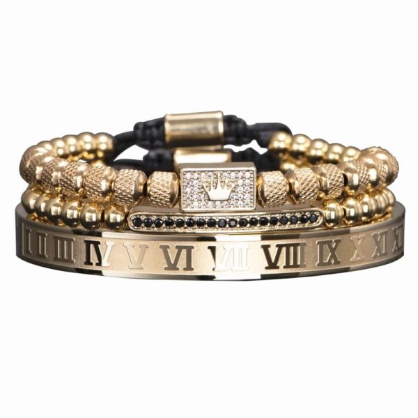 Gold Crown & Roman Numeral Bracelet Set