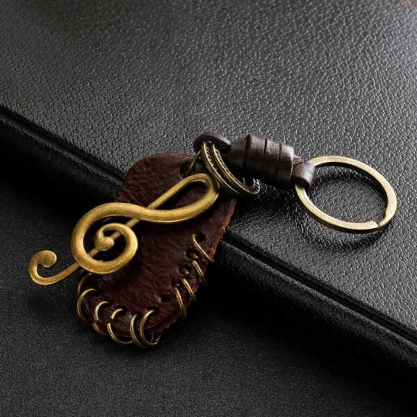 Music Note Leather Keychain with Brass Treble Clef