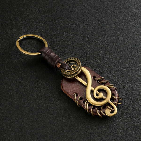 Vintage Music Note Leather Keychain with Brass Treble Clef