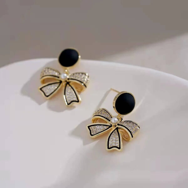 Black Gold Rhinestone Bow Drop Earrings