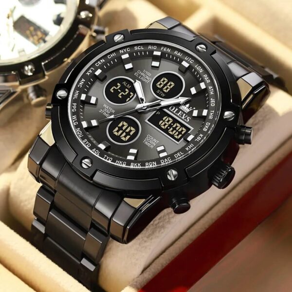 Black Men’s Multifunctional Stainless Steel Digital Quartz Luminous Watch