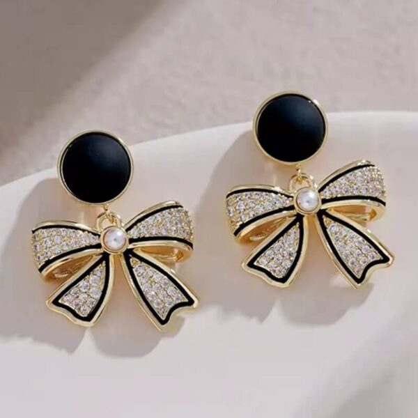 Black and Gold Rhinestone Bow Drop Earrings