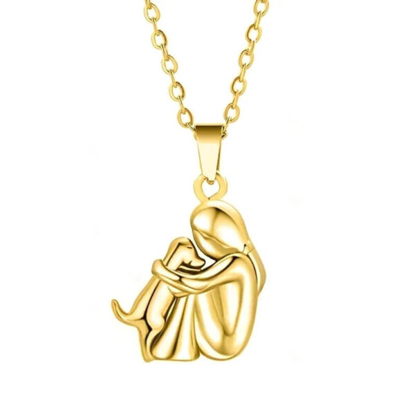 Gold Heartfelt Woman and Dog Hug Pendant Necklace