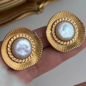 Golden Sunburst Pearl Stud Earrings with Chain Accents