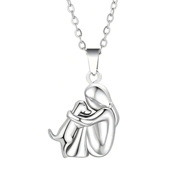 Heartfelt Woman and Dog Hug Pendant Necklace - Silver