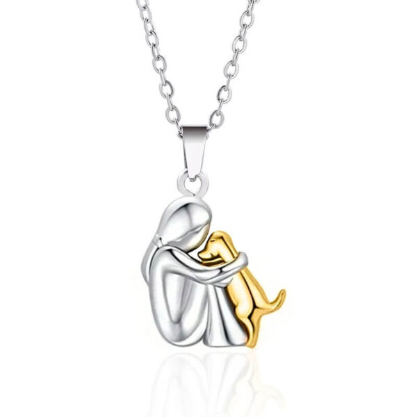 Heartfelt Woman and Dog Hug Pendant Necklace - Silver gold