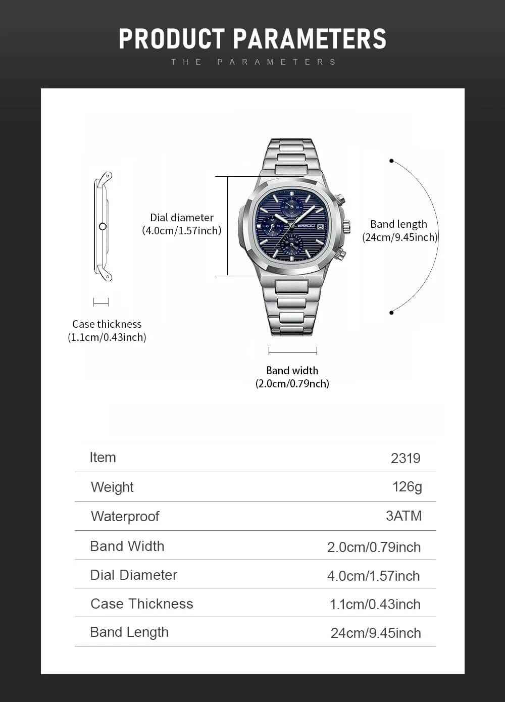 More Business Square Quartz Watch parameters