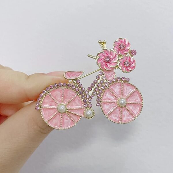 Pink Rhinestone Bicycle Brooch with Round Pearls