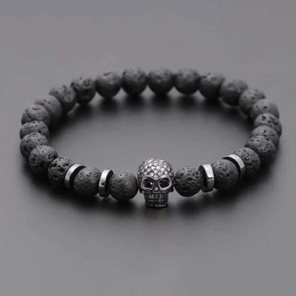 Black Lava Stone Skull Bead Bracelet - White