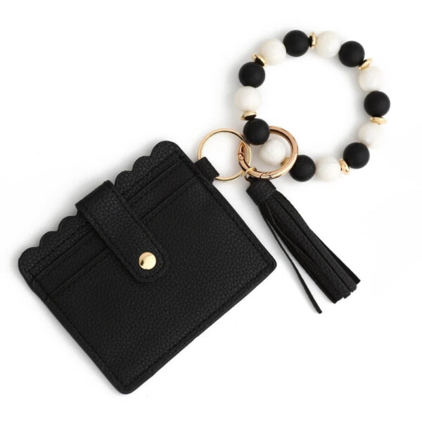 Black Scalloped Cardholder Wallet with Beaded Bracelet & Tassel Keychain