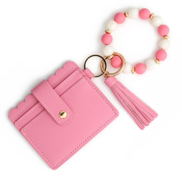 Deep Pink Scalloped Cardholder Wallet with Beaded Bracelet Keychain