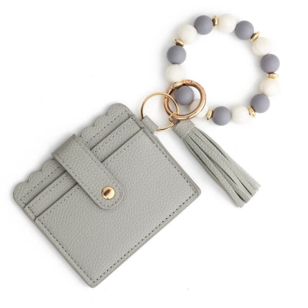 Gray Scalloped Cardholder Wallet with Beaded Bracelet & Tassel Keychain