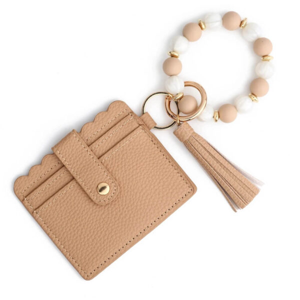 Khaki Cardholder Wallet with Beaded Bracelet & Tassel Keychain