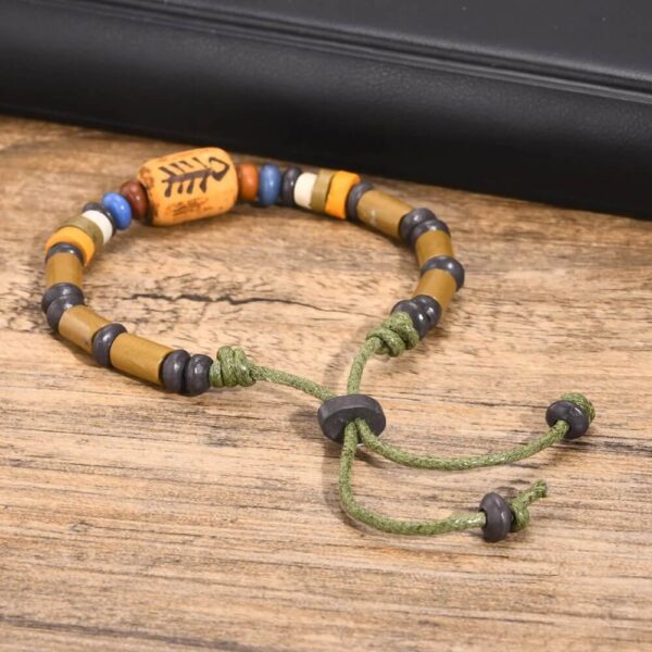 Men's Tribal Fish Skeleton Adjustable Wooden Beaded Bracelet