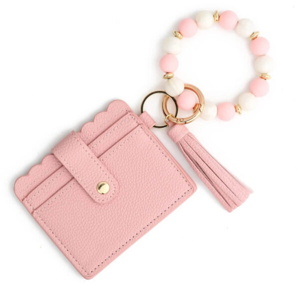 Pink Cardholder Wallet with Beaded Bracelet & Tassel Keychain