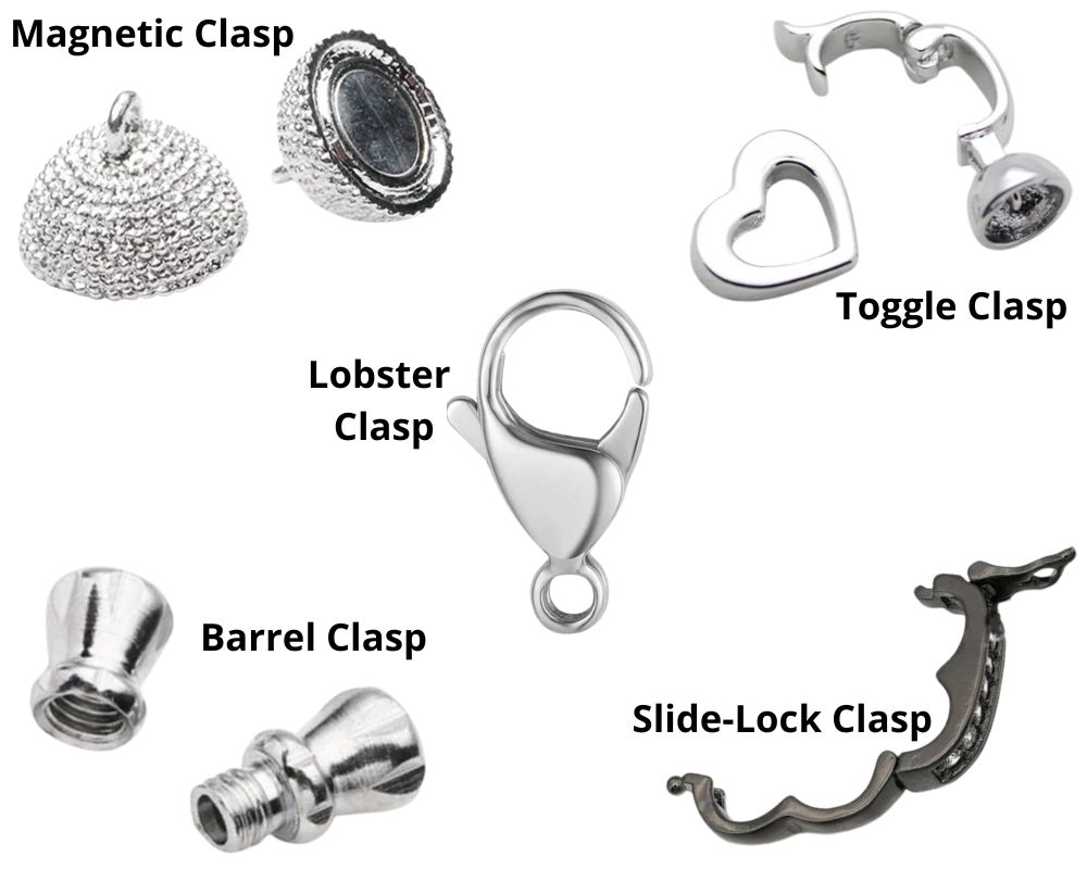 Five best clasp types for beaded bracelets: magnetic clasp, lobster clasp, toggle clasp, barrel clasp, and slide-lock clasp, shown side by side.