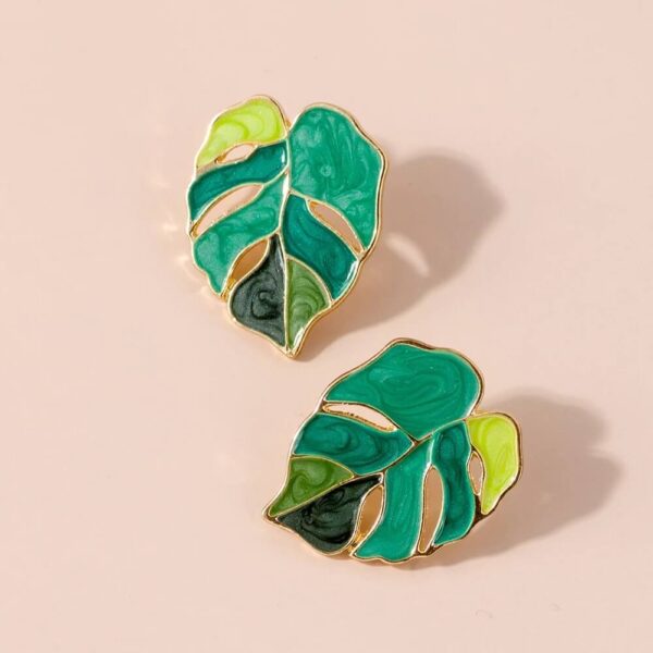 Tropical Gold Green Leaf Enamel Stud Earrings