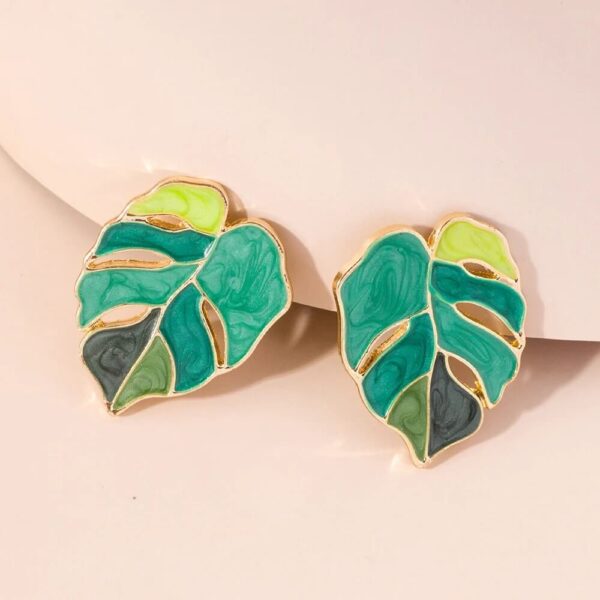 Tropical Gold Green Monstera Leaf Enamel Stud Earrings