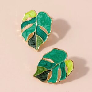 Tropical Gold Monstera Leaf Enamel Stud Earrings