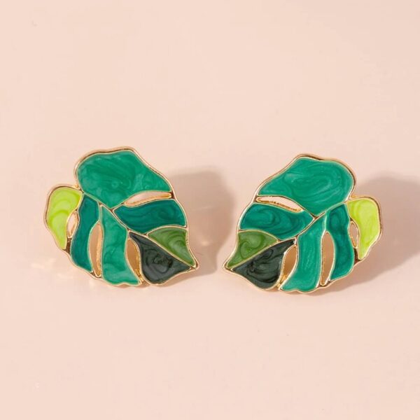 Tropical Gold Monstera Leaf Enamel Stud Earrings for Women