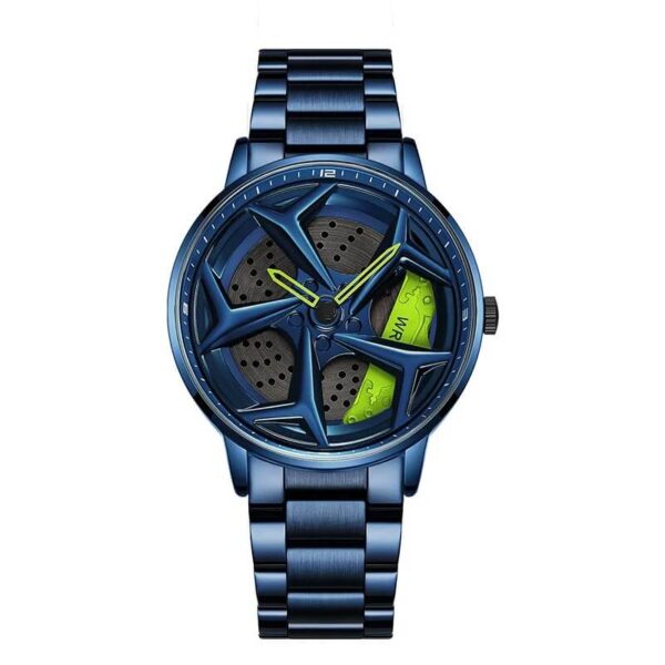 360° Rotating Sports Car Wheel Dial Waterproof Blue Watch