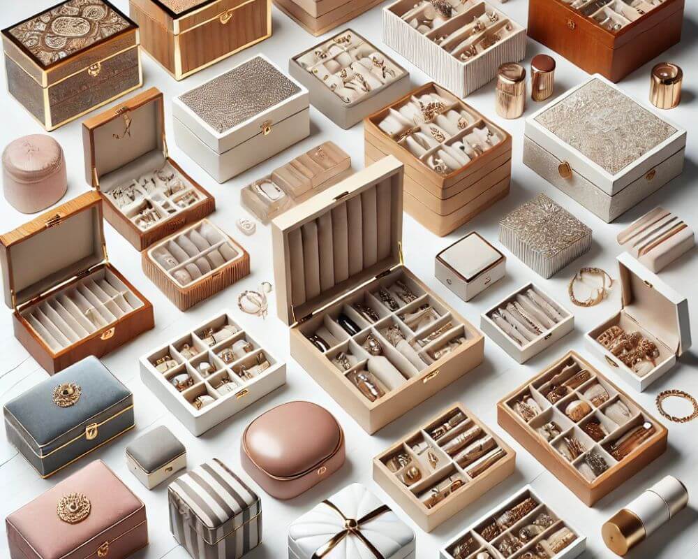 A collection of 10 different jewelry boxes and storage solutions