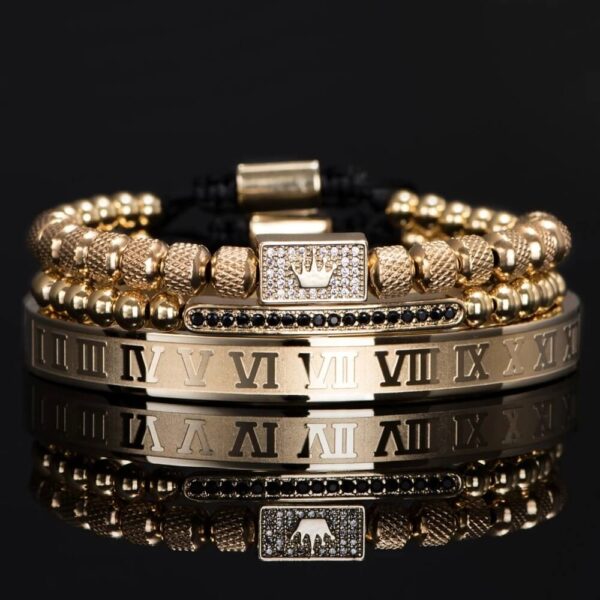 Luxury Roman Numeral Bracelet Set with Rectangle Crown Charm