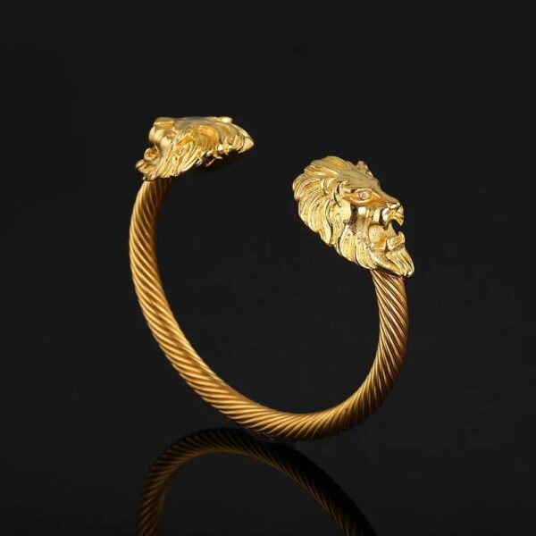 Double Lion Head Open Cuff Twisted Cable Bangle Bracelet