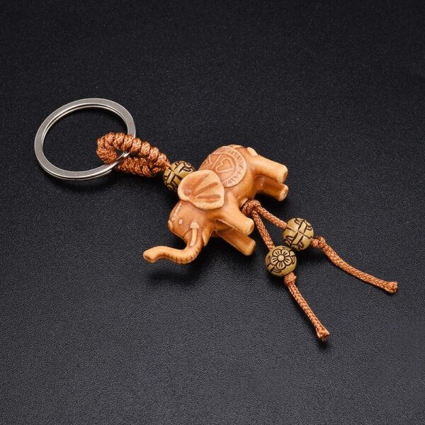 Elephant Keychain Carved Lucky Charm with Beads & Braided Cord