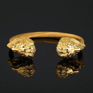 Gold Double Lion Head Open Cuff Twisted Cable Bangle Bracelet