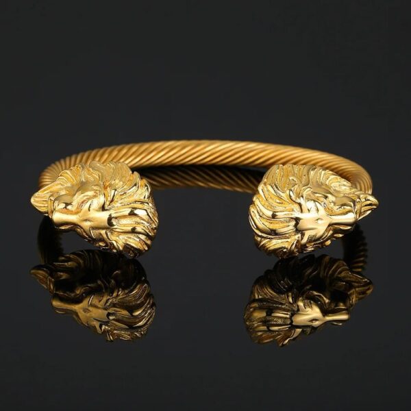 Gold Double Lion Head Open Cuff Twisted Cable Bangle Bracelet