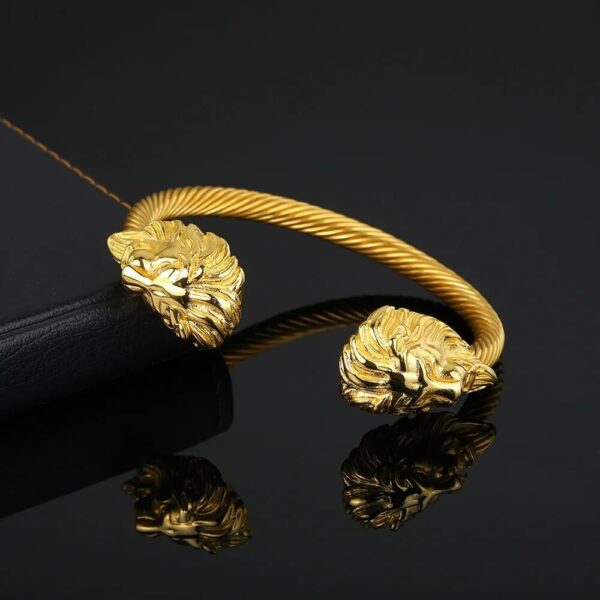 Gold Double Lion Head Open Cuff Twisted Cable Bracelet