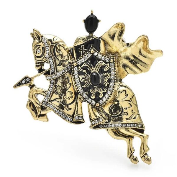 Vintage Gold Medieval Knight on Horseback Rhinestone Brooch