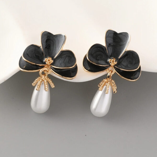 Black Floral Clover Enamel Petal Drop Pearl Charm Earrings