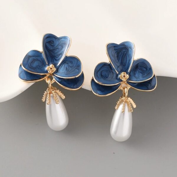 Floral Clover Enamel Petal Drop Pearl Charm Earrings