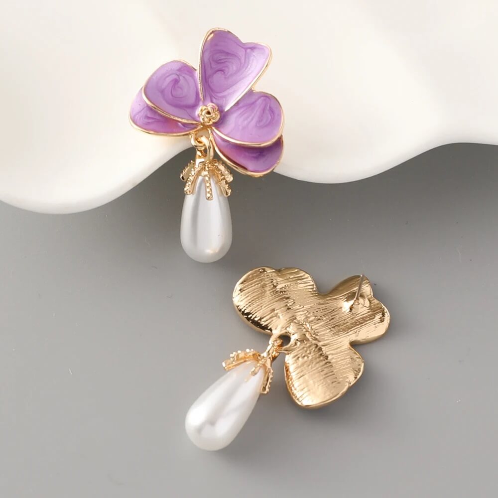 Floral Clover Enamel Petal Drop Pearl Stud Earrings