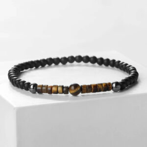 Men’s Black Beaded Shiny Onyx Tiger Eye Elastic Bracelet