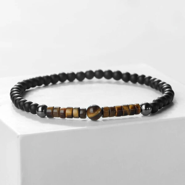 Men’s Black Beaded Shiny Onyx Tiger Eye Elastic Bracelet