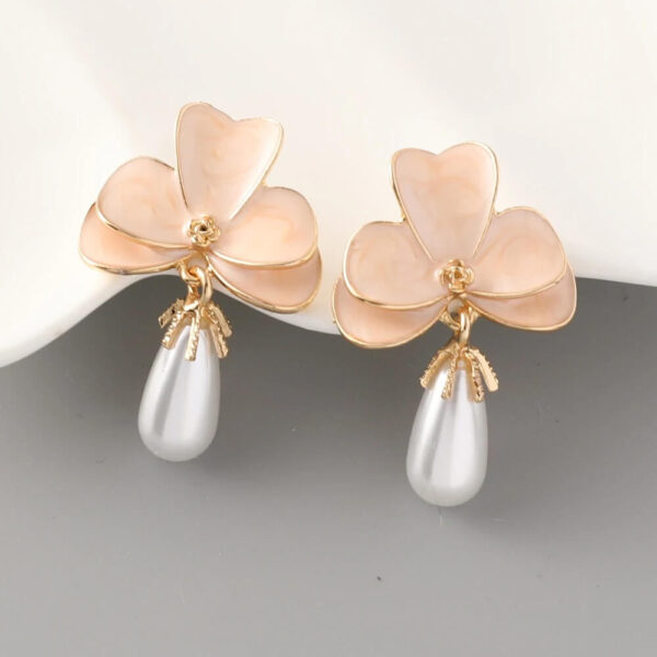 Pink Floral Clover Enamel Petal Drop Pearl Charm Earrings