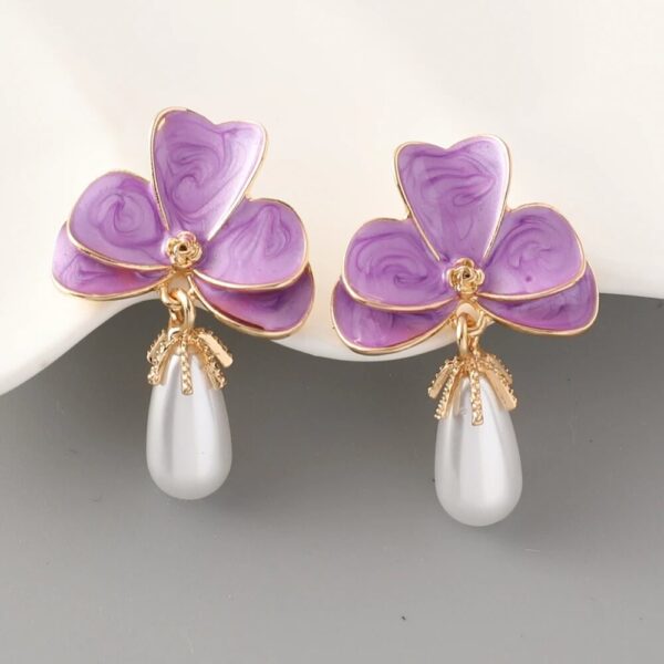 Purple Floral Clover Enamel Petal Drop Pearl Charm Earrings