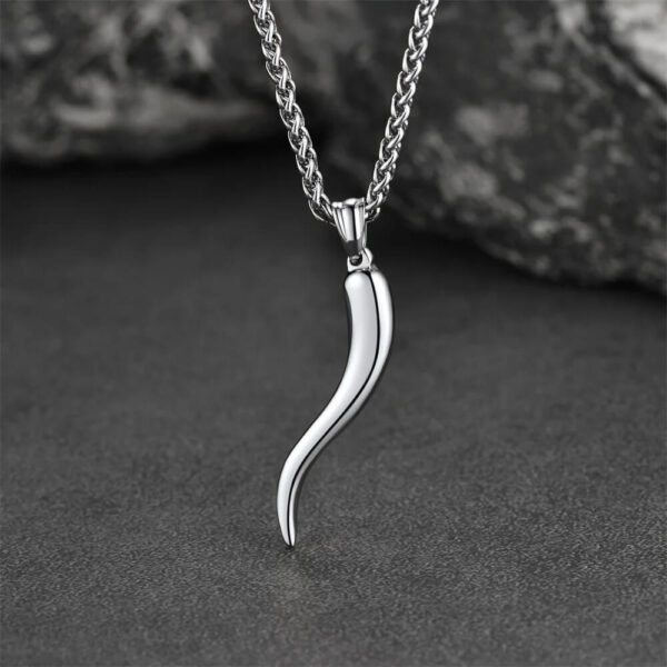 Silver Italian Horn Pendant Stainless Steel Protection Charm Necklace