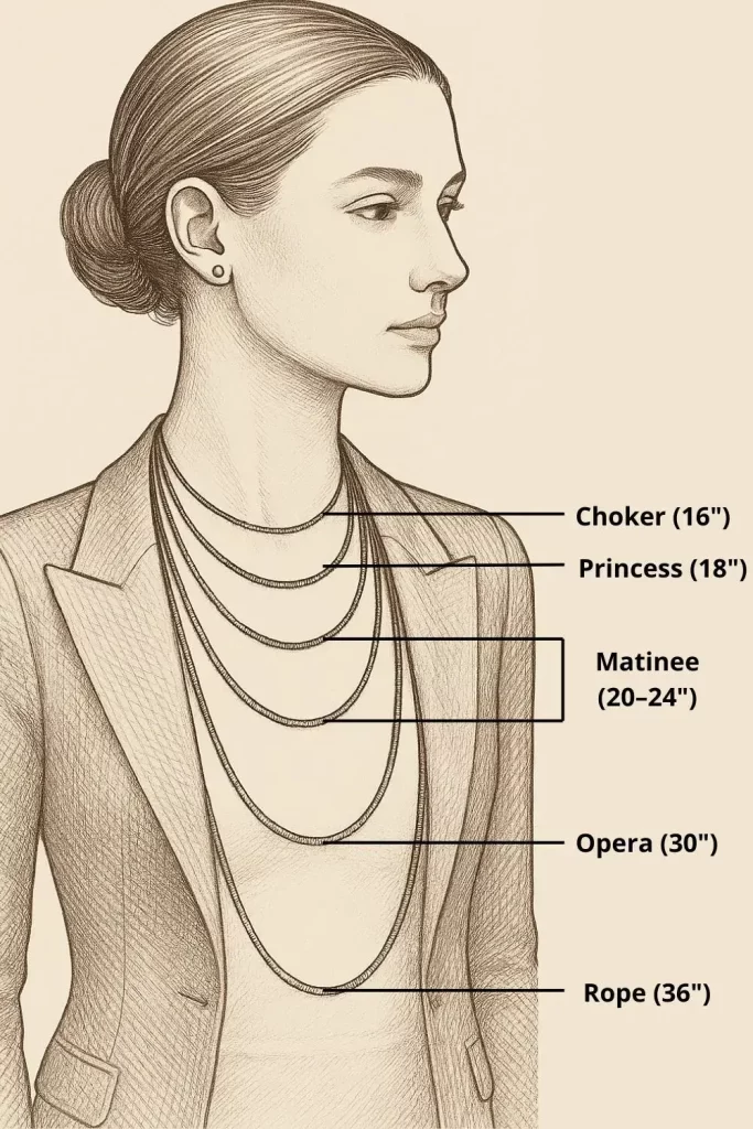 A necklace size guide showing standard lengths on the body A necklace size guide showing standard lengths on the body