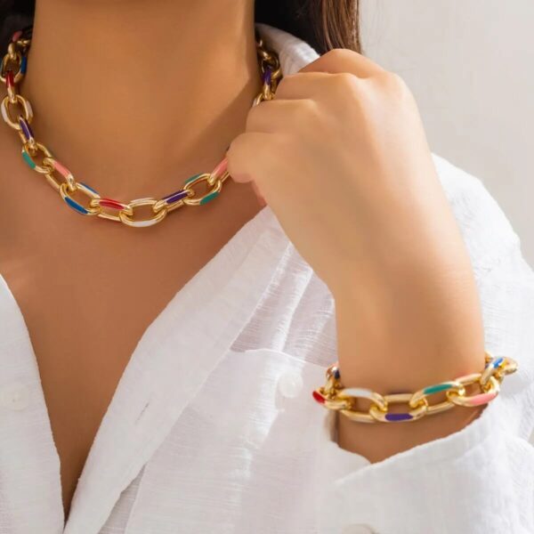 Colorful Chunky Chain Necklace and Bracelet Set
