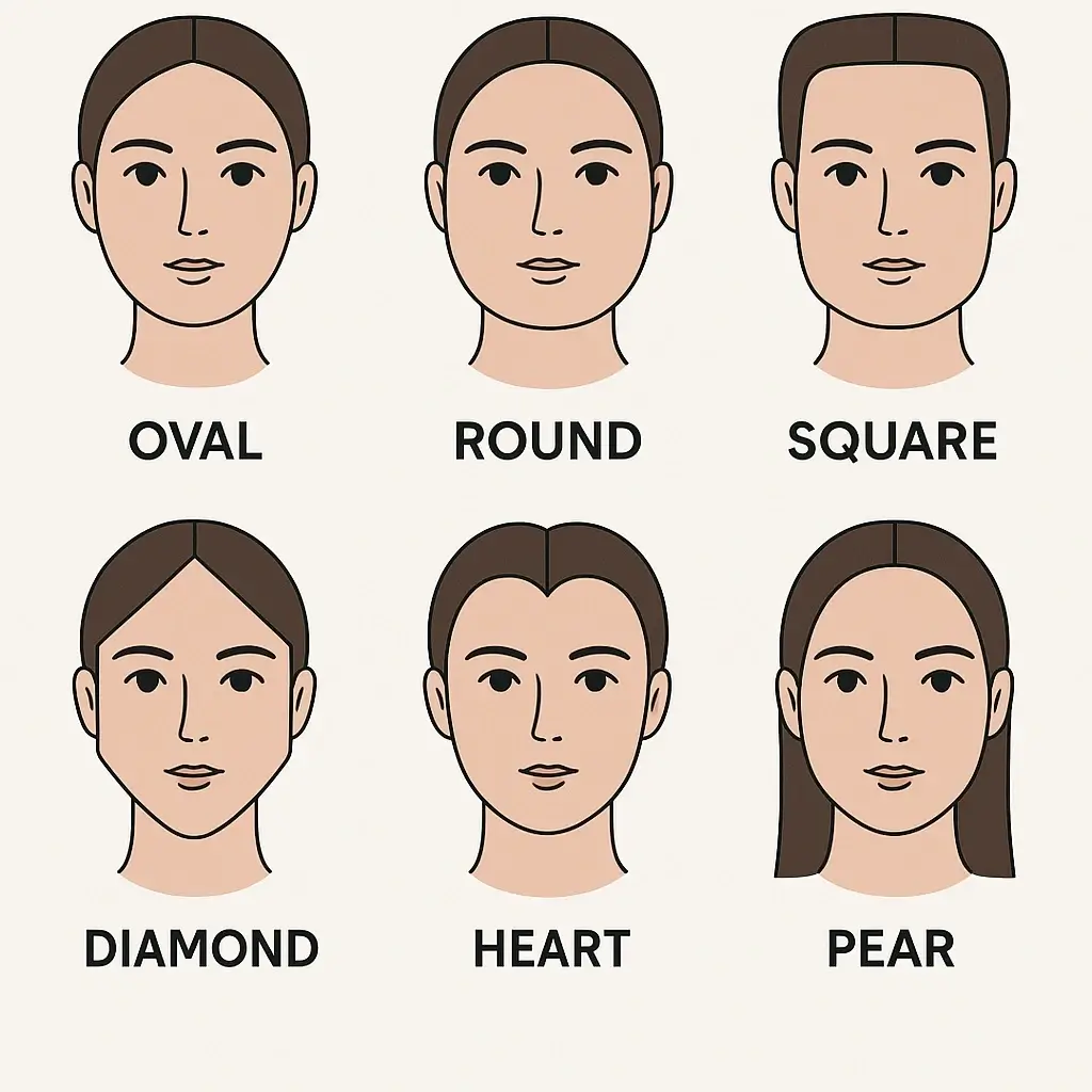 Visual guide showing six common face shapes for necklace styling Visual guide showing six common face shapes for necklace styling