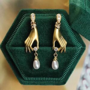 Gilded Hand Earrings Holding Crystal and Pearl Teardrop